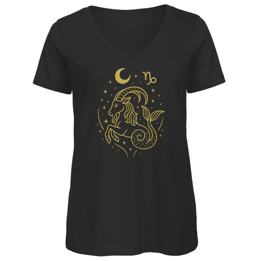 Bio Damen V-Neck T-Shirt – Sternzeichen Steinbock | Celestia Spirit | Spirituelle Mode